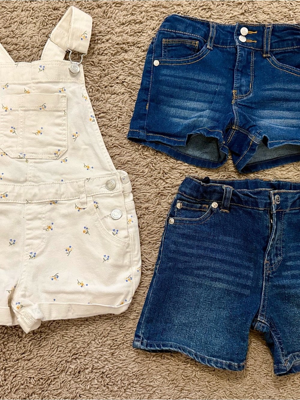 Kids Cream Floral Short Overalls and Blue Denim Shorts Set